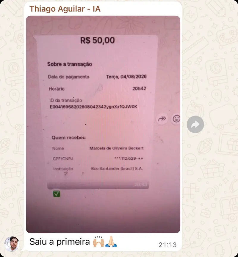 Print de comprovante Pix de R$ 50,00 da primeira venda de um aluno