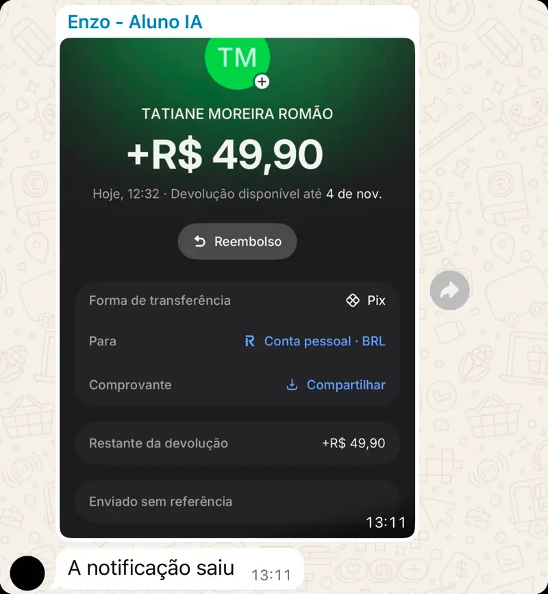 Print de Pix de R$ 49,90 recebido por aluno